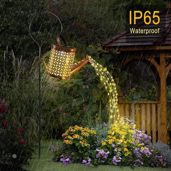 Metal Solar Waterfall Light Outdoor Solar Garden Light Solar Power Watering Can Lantern Waterproof for Garden Yard Patio Flower