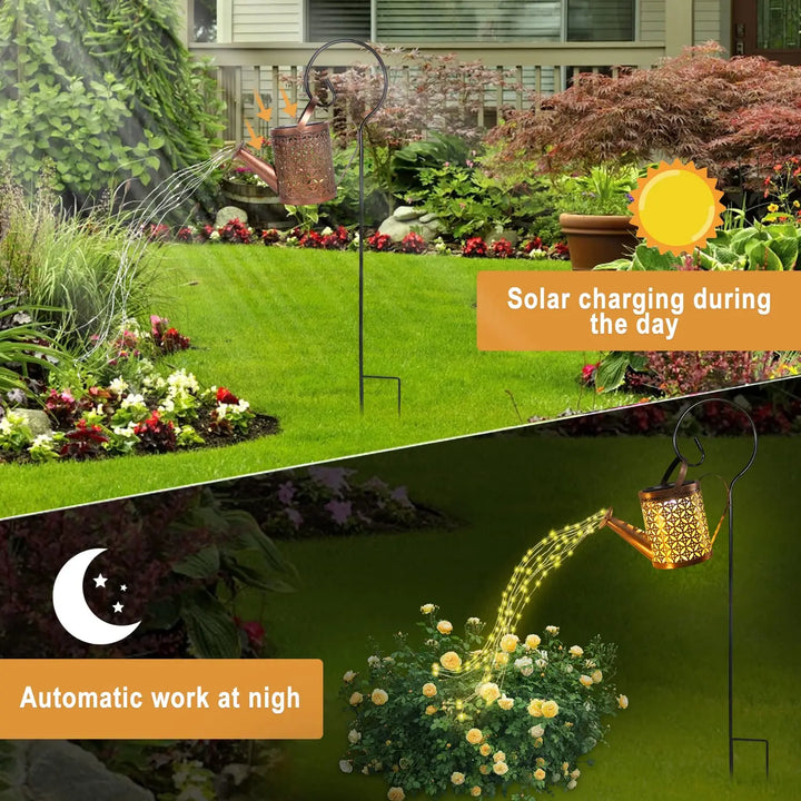 Metal Solar Waterfall Light Outdoor Solar Garden Light Solar Power Watering Can Lantern Waterproof for Garden Yard Patio Flower