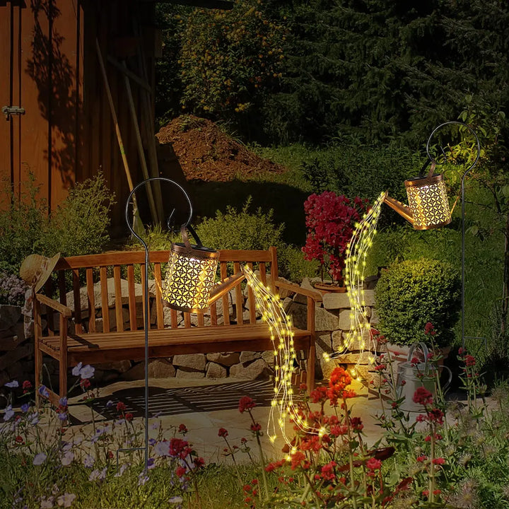 Metal Solar Waterfall Light Outdoor Solar Garden Light Solar Power Watering Can Lantern Waterproof for Garden Yard Patio Flower